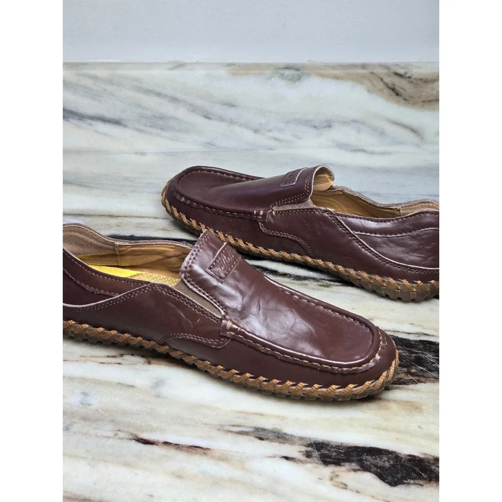 Dohko Mens Brown Leather Driving Loafers Slip On Whipstitch Moc Toe Shoes 9.5